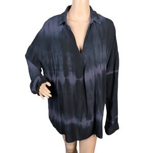 White Birch Black Purple Gray Tie Dye V-neck Collared Tunic Top SZ M